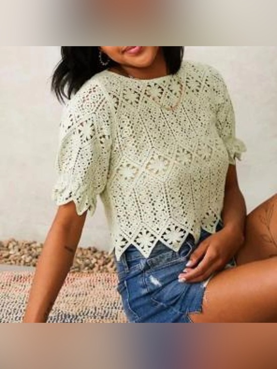 Willow Tree Tops - Will and root light green Crochet Lace Short Sleeve Top